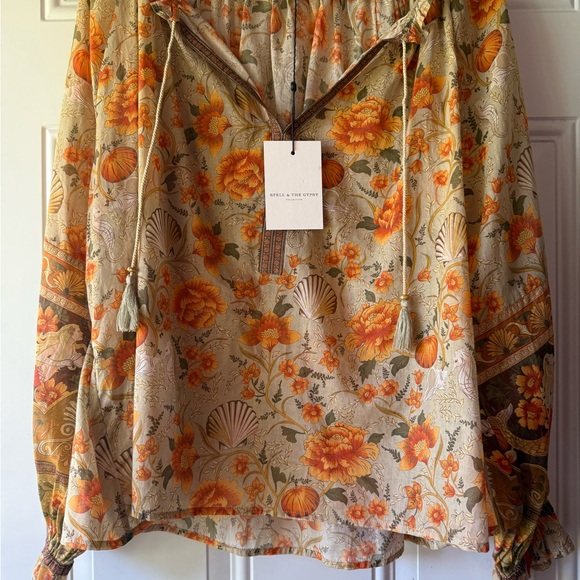 SPELL & The Gypsy Seashell Floral Semi Sheer Long Sleeve Fall Print Blouse - Picture 5 of 13
